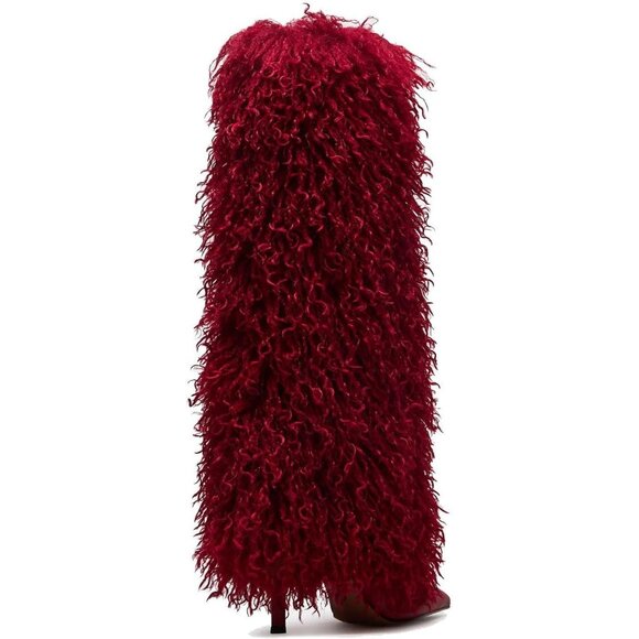 Women's Fur Red Pointed Toe Fold Over Wide Calf Knee High Heel Boots - Picture 5 of 7